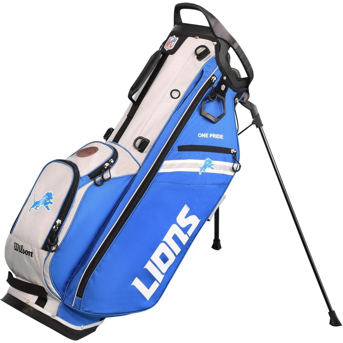Wilson Golf NFL carry bag featuring team colors, logos, and a lightweight stand design for easy carrying on the course.
