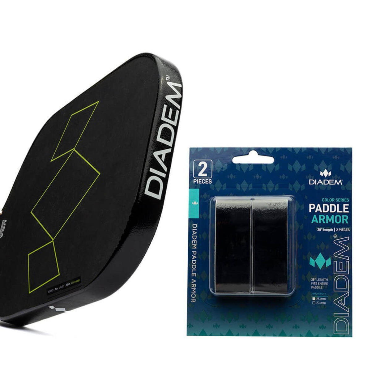 Diadem Paddle Armor tape set with two protective strips for paddle edge protection, shown in retail packaging alongside a paddle edge example.
