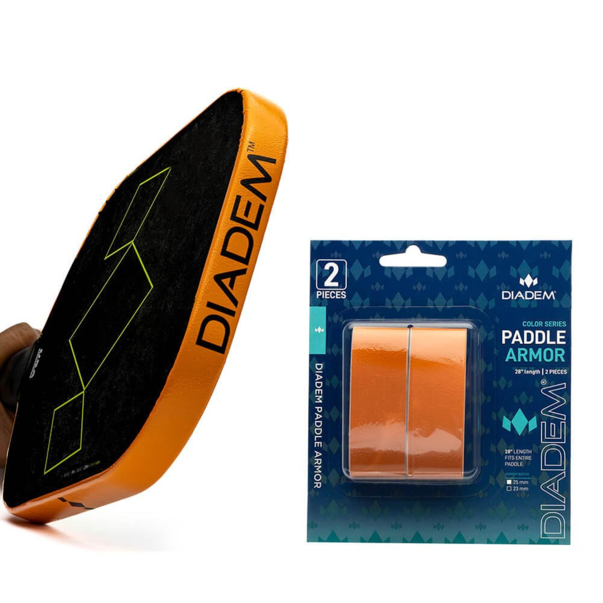 Diadem Paddle Armor tape set with two protective strips for paddle edge protection, shown in retail packaging alongside a paddle edge example.