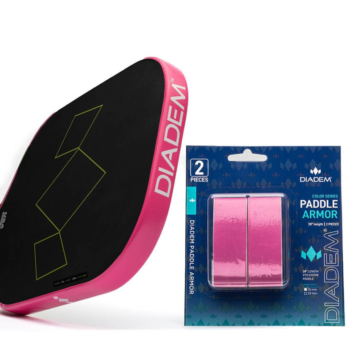 Diadem Paddle Armor tape set with two protective strips for paddle edge protection, shown in retail packaging alongside a paddle edge example.