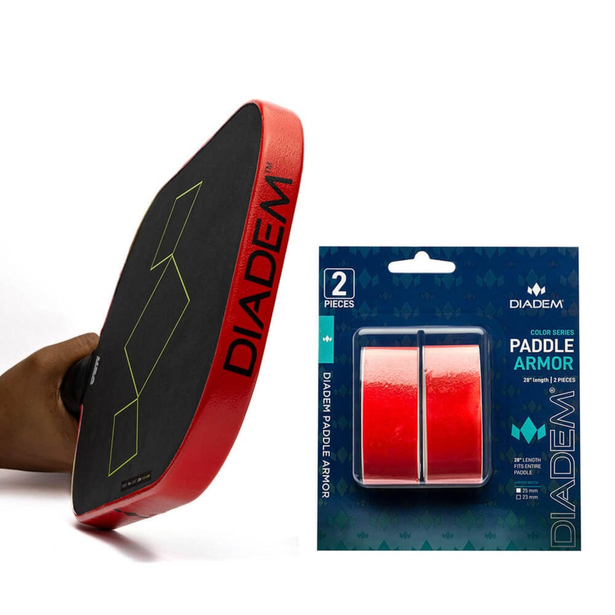 Diadem Paddle Armor tape set with two protective strips for paddle edge protection, shown in retail packaging alongside a paddle edge example.