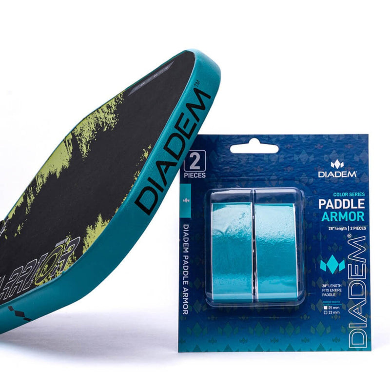 Diadem Paddle Armor tape set with two protective strips for paddle edge protection, shown in retail packaging alongside a paddle edge example.