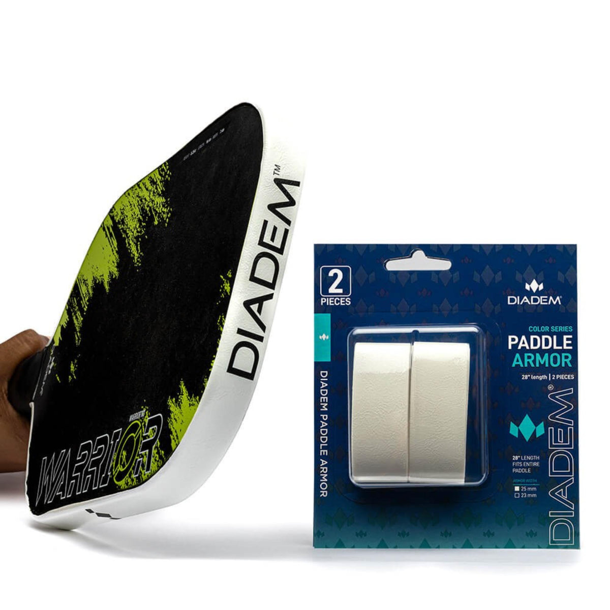 Diadem Paddle Armor tape set with two protective strips for paddle edge protection, shown in retail packaging alongside a paddle edge example.
