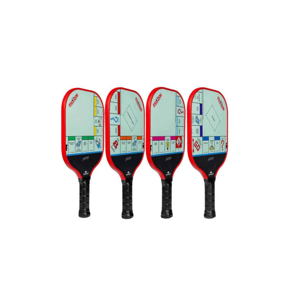 Diadem Monopoly Board 4-paddle starter kit featuring four pickleball paddles with Monopoly board-style graphics, arranged side by side with handles visible.