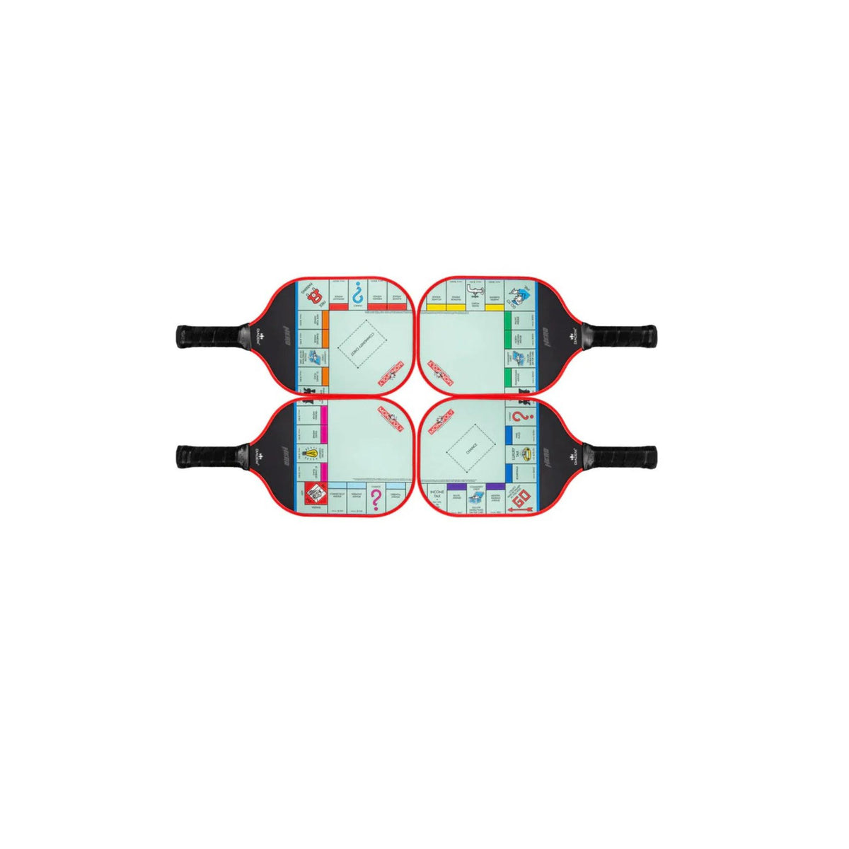 Diadem Monopoly Board 4-paddle starter kit featuring four pickleball paddles with Monopoly board-style graphics, arranged side by side with handles visible.