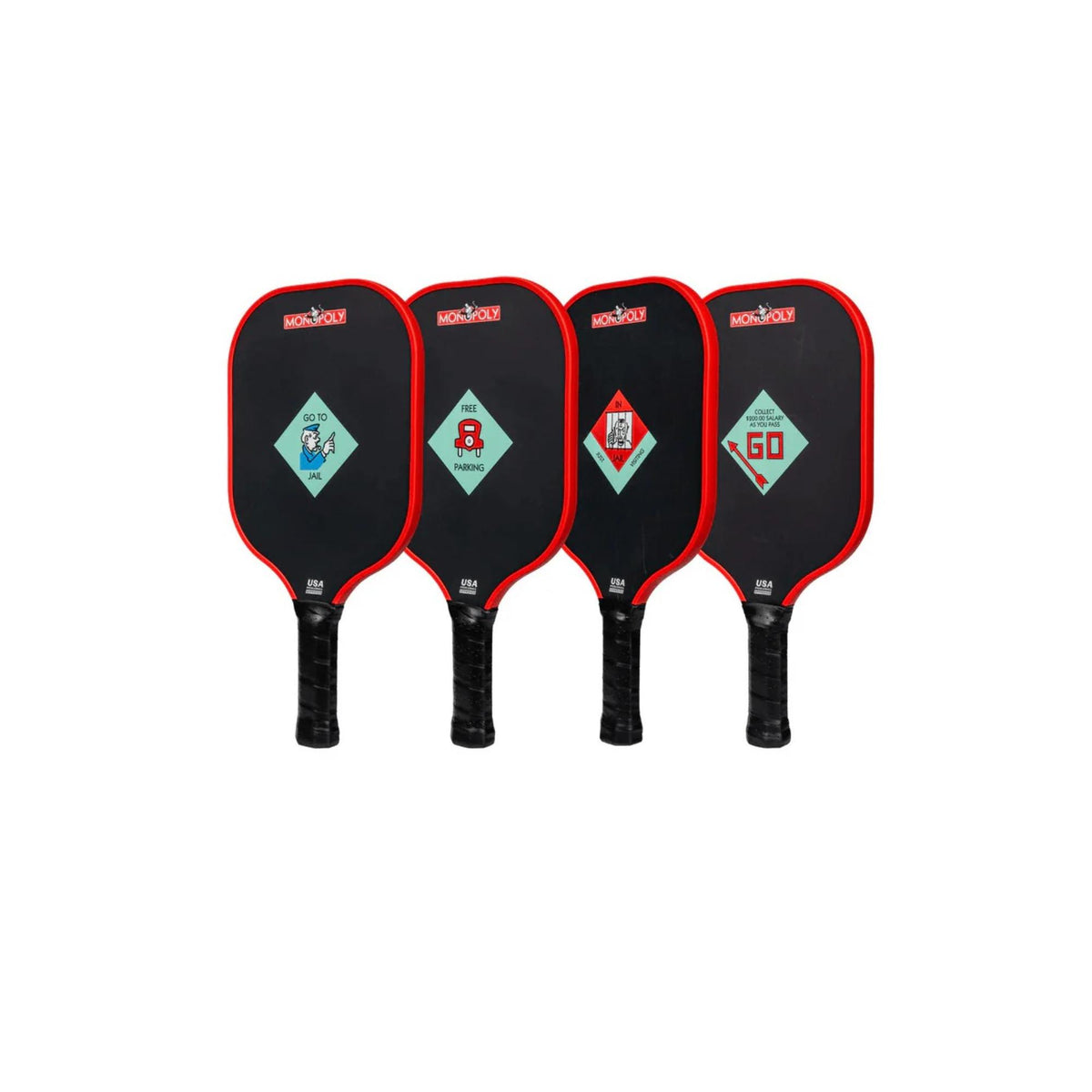 Diadem Monopoly Board 4-paddle starter kit featuring four pickleball paddles with Monopoly board-style graphics, arranged side by side with handles visible.