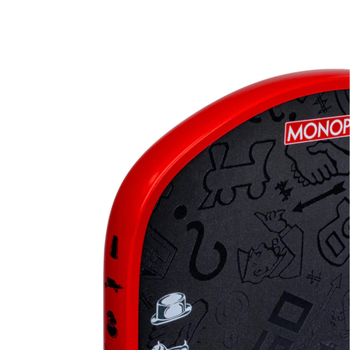 Diadem Edge BluCore x Monopoly limited edition pickleball paddle featuring a patterned face with Monopoly-themed icons and branding, shown upright with handle visible.