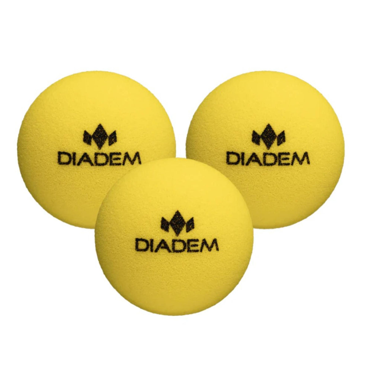 Diadem Official Quiet Balls designed for reduced noise play, shown as a set of three foam balls with logo.