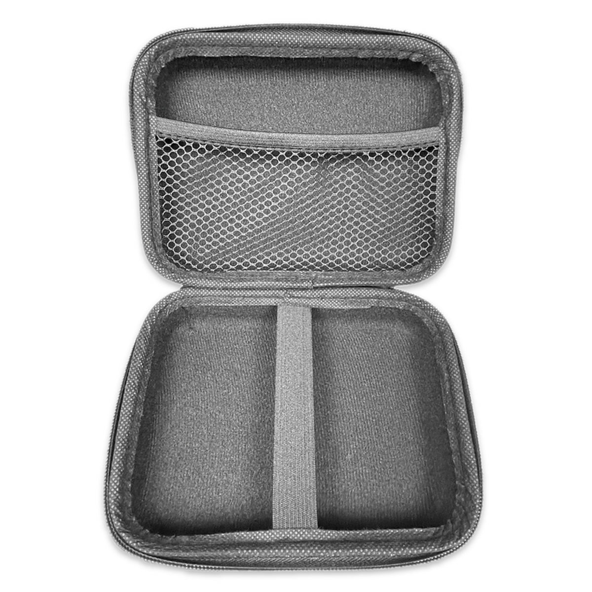 Gray hard-shell travel case with mesh pocket on a white background