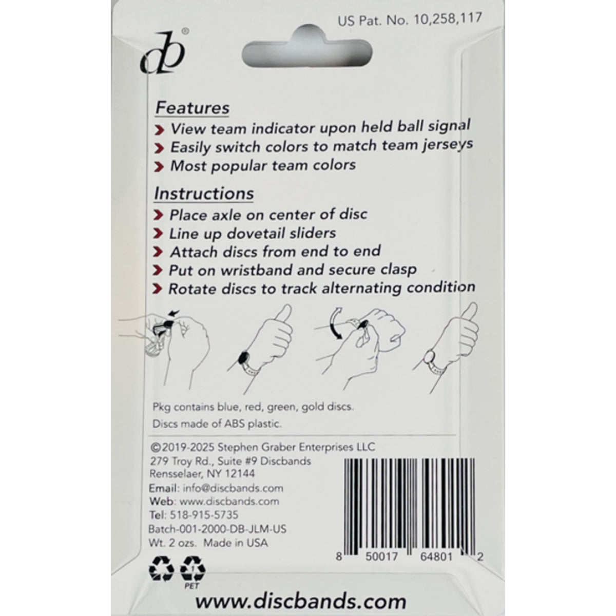 Back of a disc band packaging with features, instructions, and branding details.