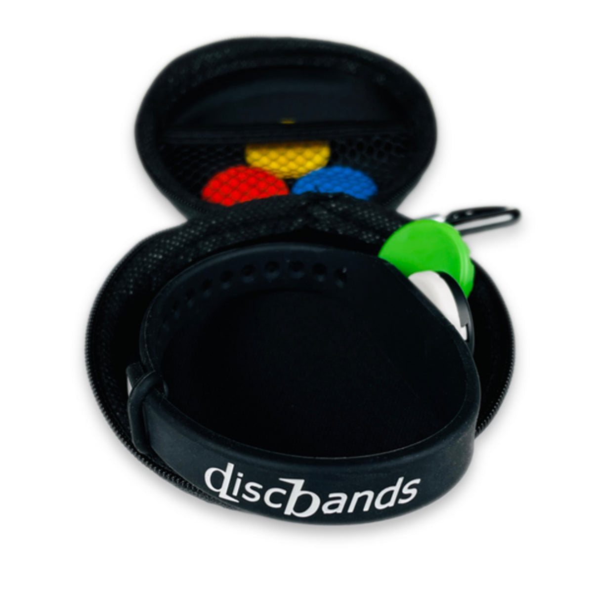 Black case with colorful discs and a green handle, branded 'discbands', on a white background