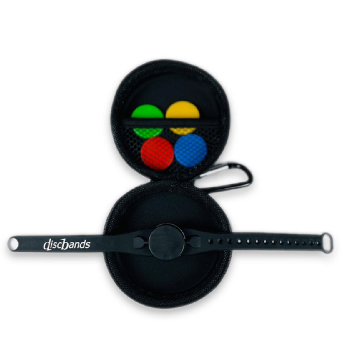 Black wristband with colorful button and 'discbands' branding on a white background