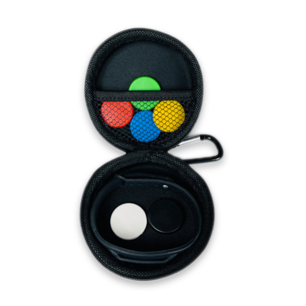 Black case with colorful lenses on a white background