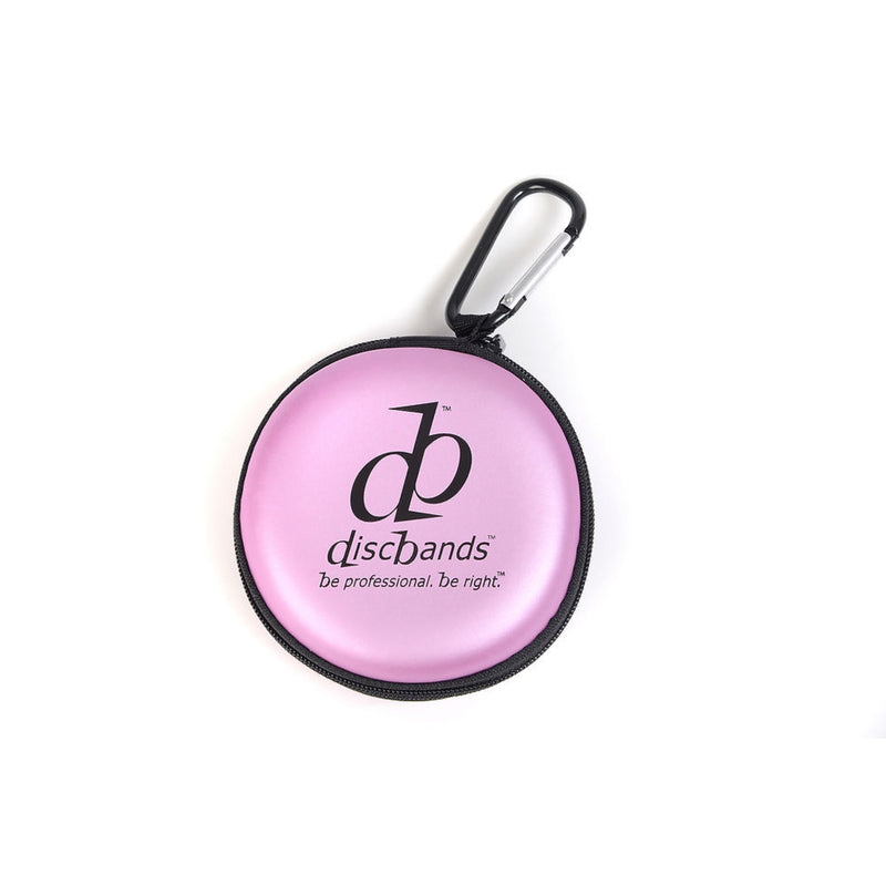 Pink case with carabiner featuring 'dischands' branding on a white background