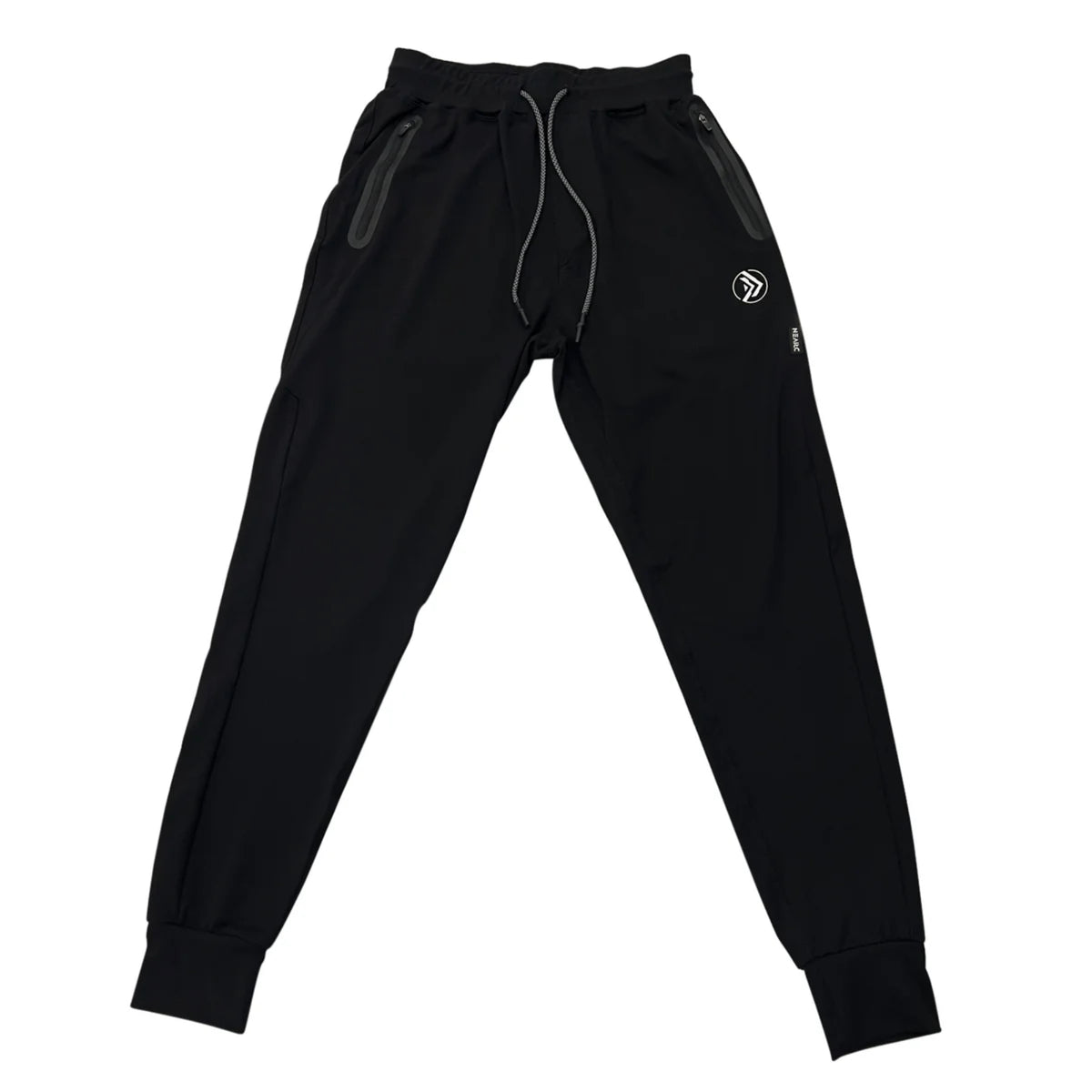 Black jogger pants with a logo on a white background