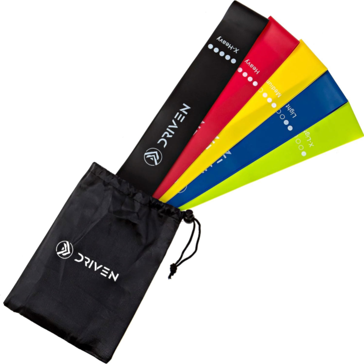 Colorful resistance bands with a black drawstring bag on a white background