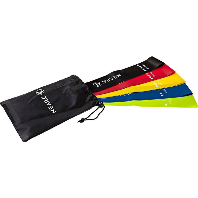 Set of resistance bands in various colors with a black drawstring bag on a white background
