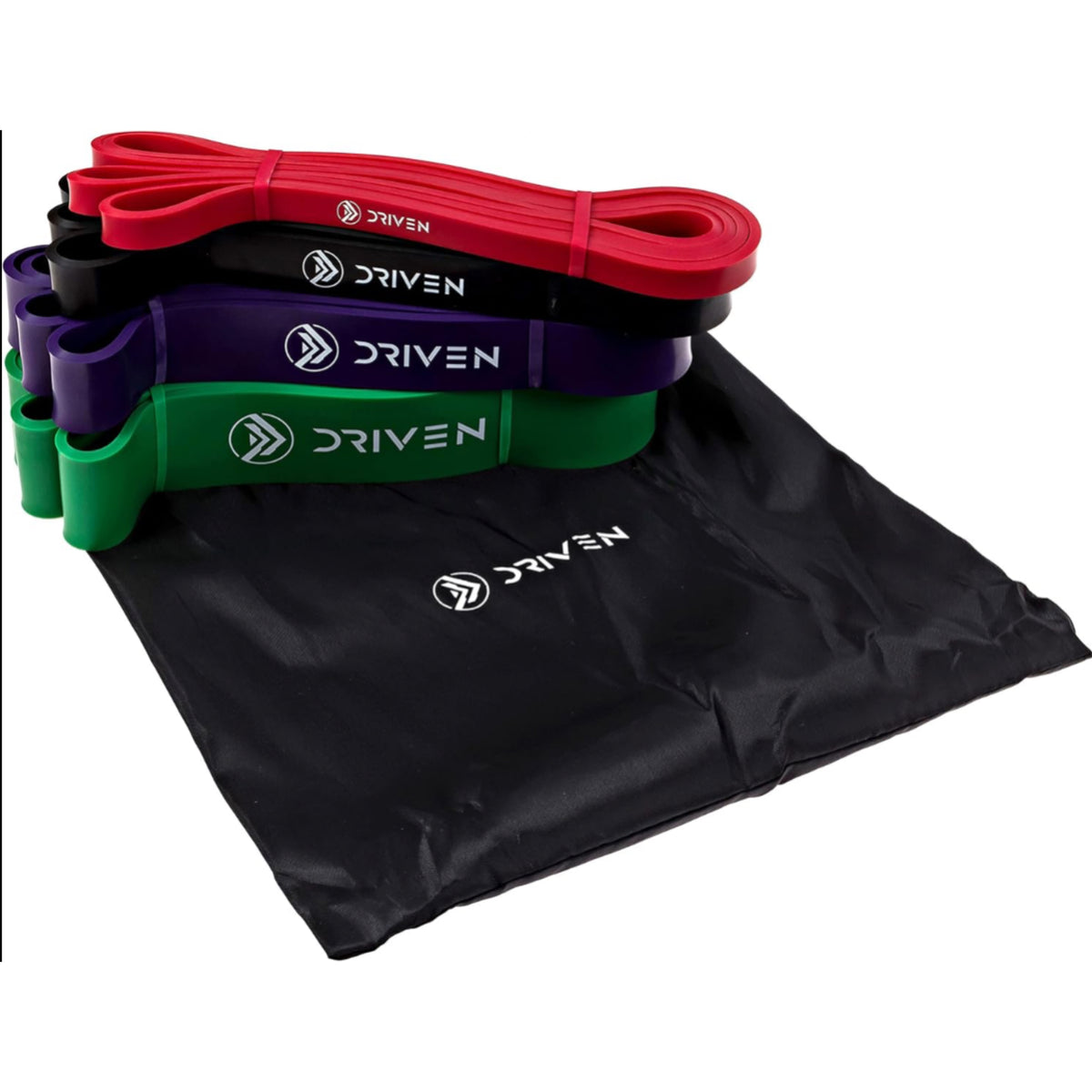 Set of resistance bands in red, black, purple, and green on a black drawstring bag with 'Driven' branding.