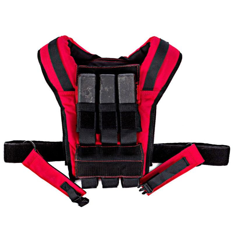 Red and black tactical vest on a white background