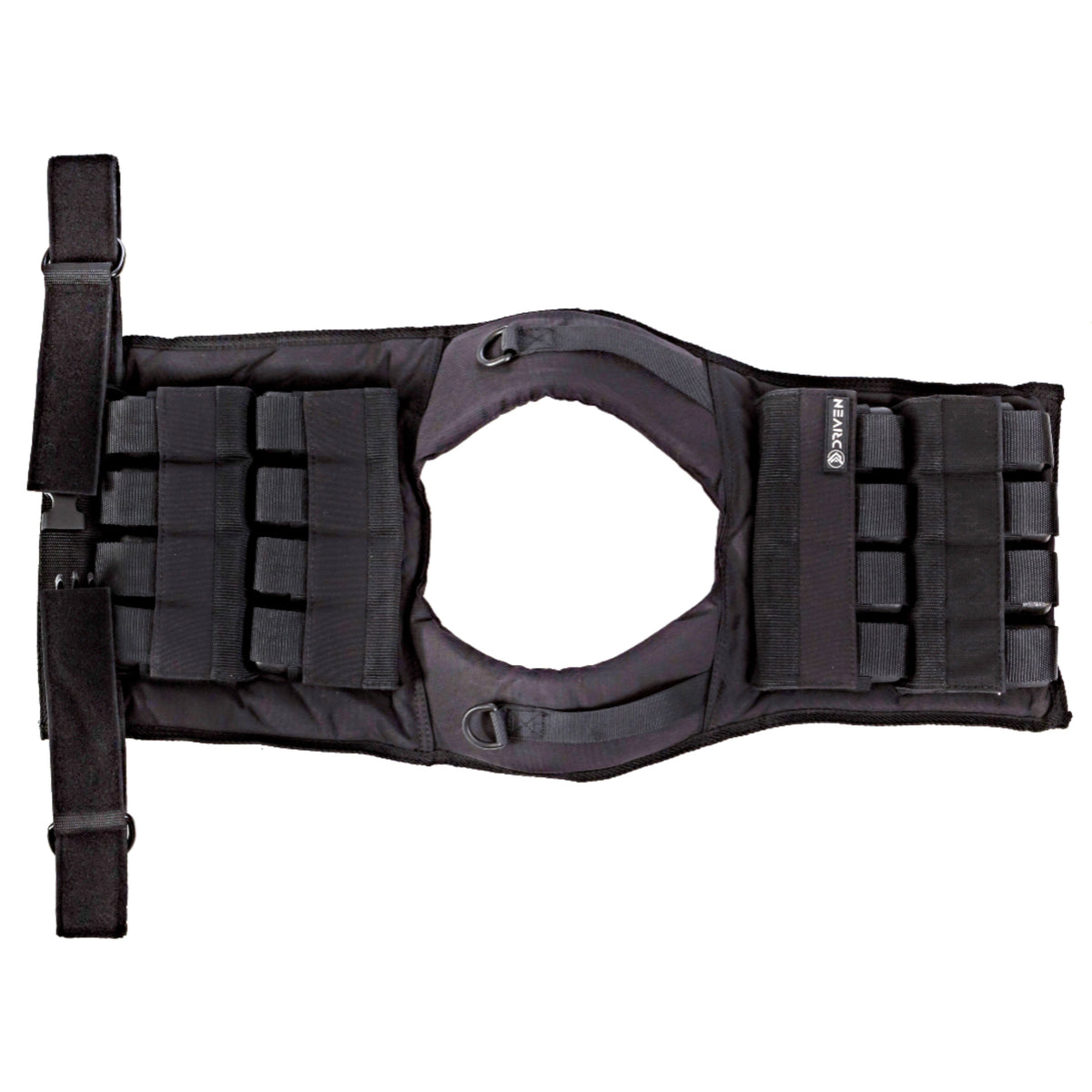 Black tactical vest with multiple straps on a white background