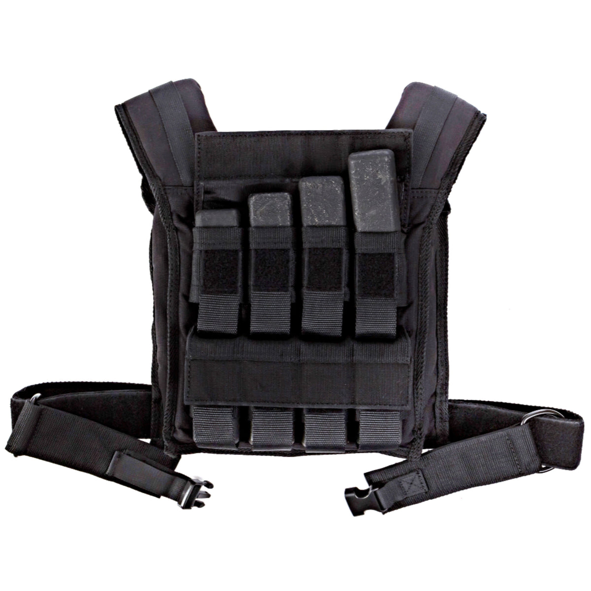 Black tactical vest with multiple pouches on a white background