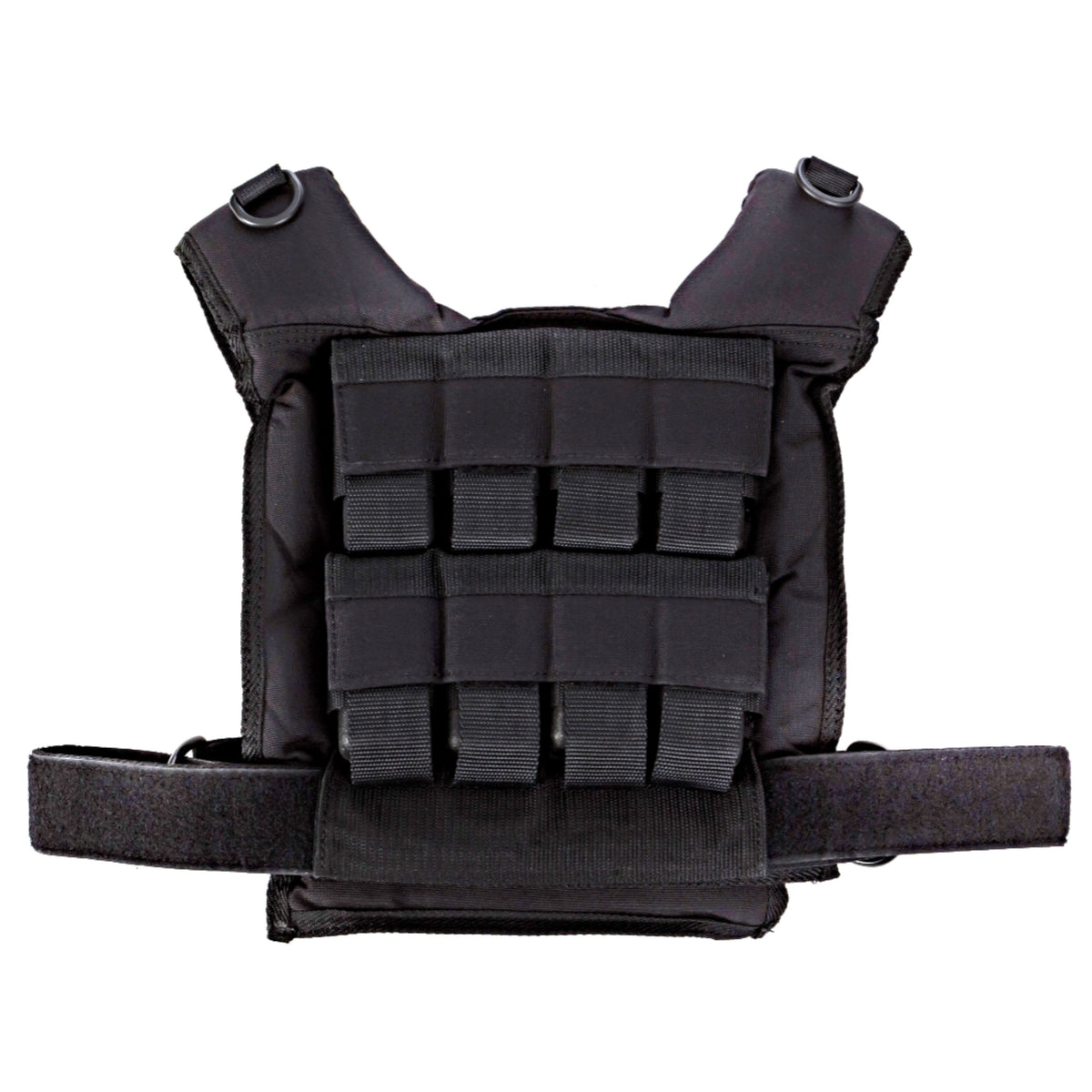 Black tactical vest with multiple pouches on a white background