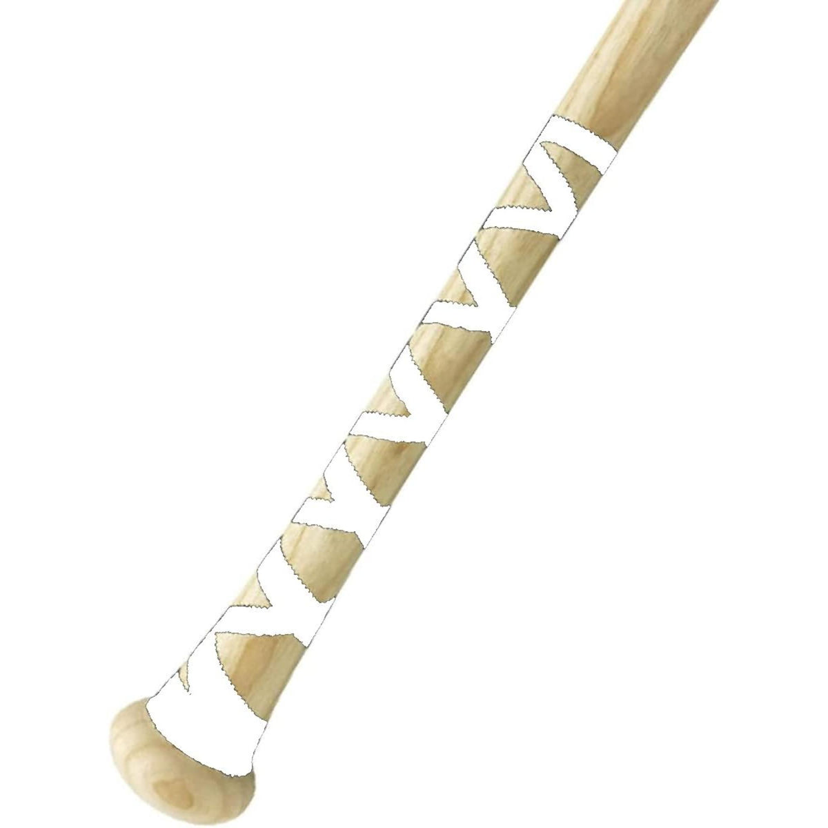 Easton white bat tape wrapped around a wooden bat handle to provide improved grip, comfort, and control while hitting.