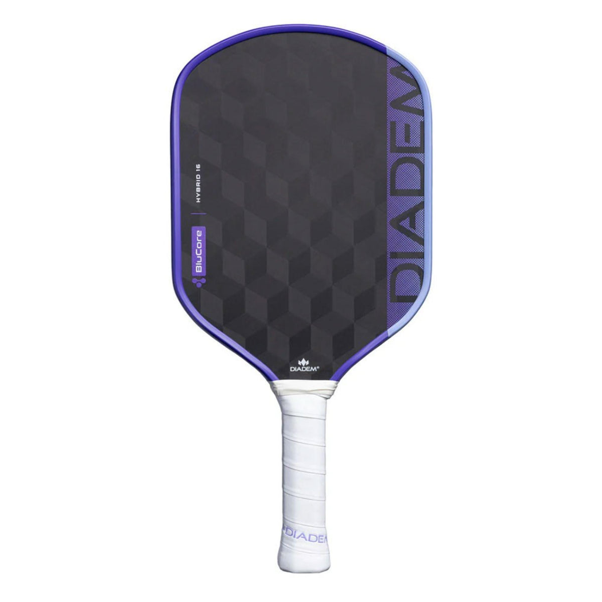 Diadem Edge BluCore Hybrid pickleball paddles featuring a carbon fiber face with geometric pattern, shown stacked with handles visible and product detail graphic.