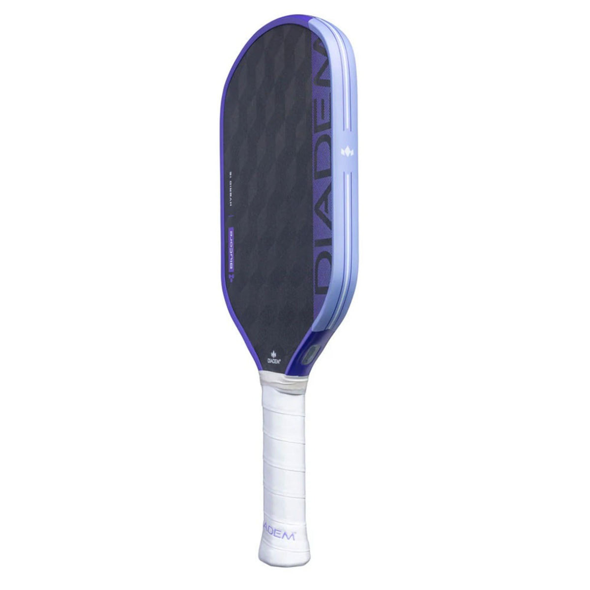 Diadem Edge BluCore Hybrid pickleball paddles featuring a carbon fiber face with geometric pattern, shown stacked with handles visible and product detail graphic.