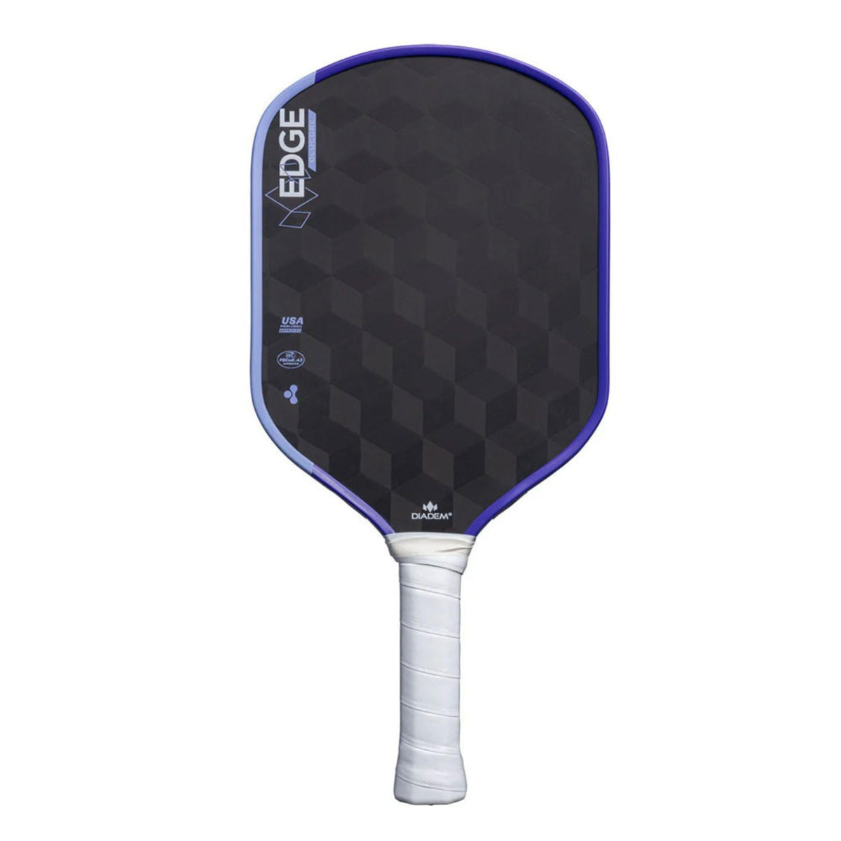 Diadem Edge BluCore Hybrid pickleball paddles featuring a carbon fiber face with geometric pattern, shown stacked with handles visible and product detail graphic.