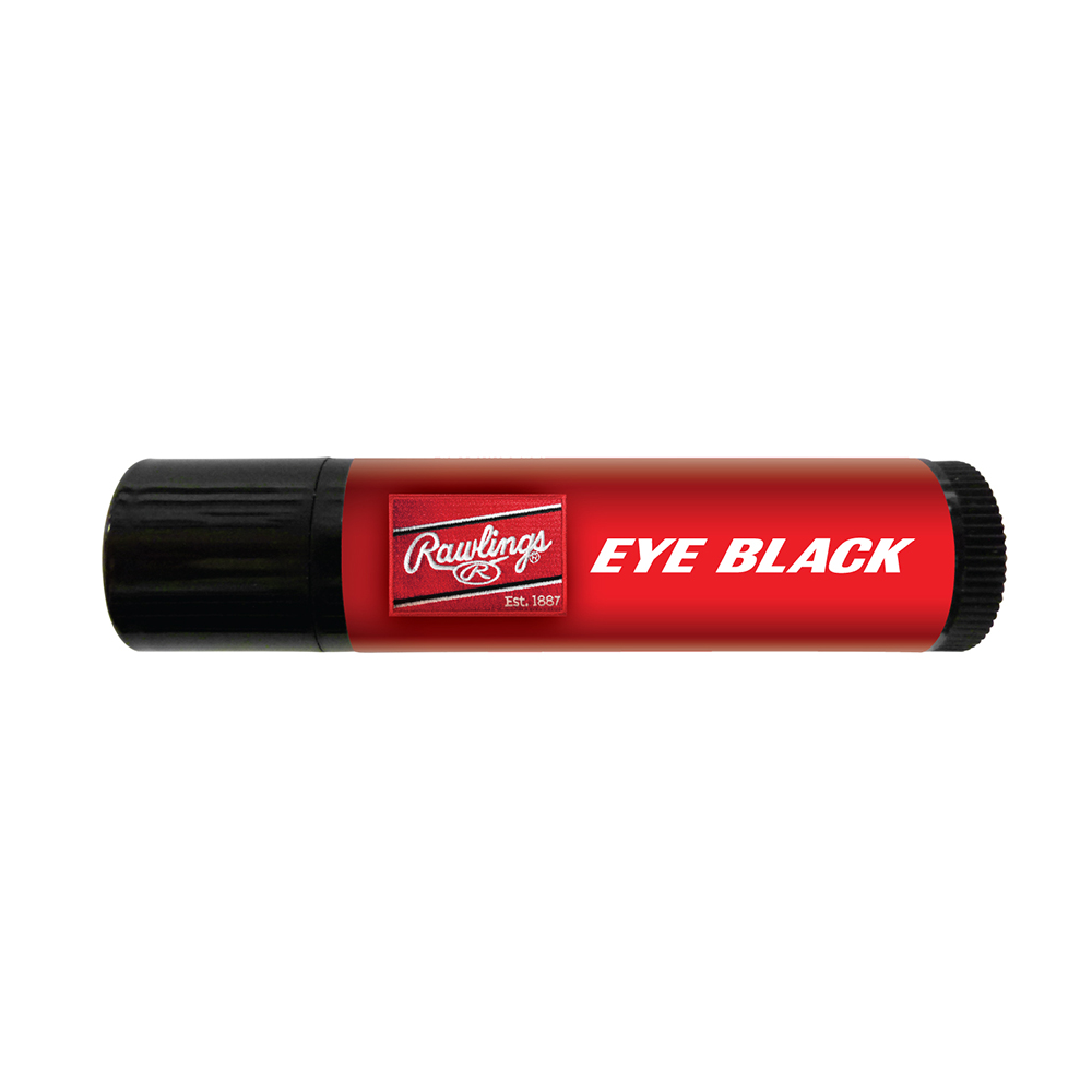 Rawlings Eye Black stick in a red tube with black twist caps on both ends and the Rawlings logo printed beside the words “Eye Black.”