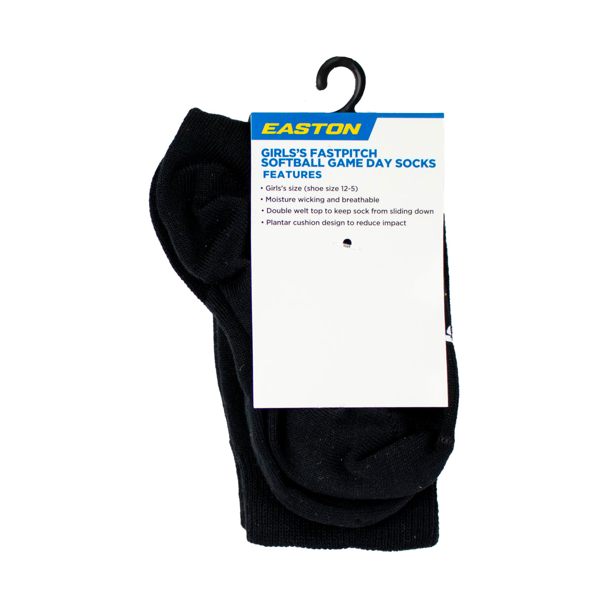 Easton girls’ fastpitch softball game day socks in black with moisture-wicking fabric and cushioned support for comfort and performance on the field.