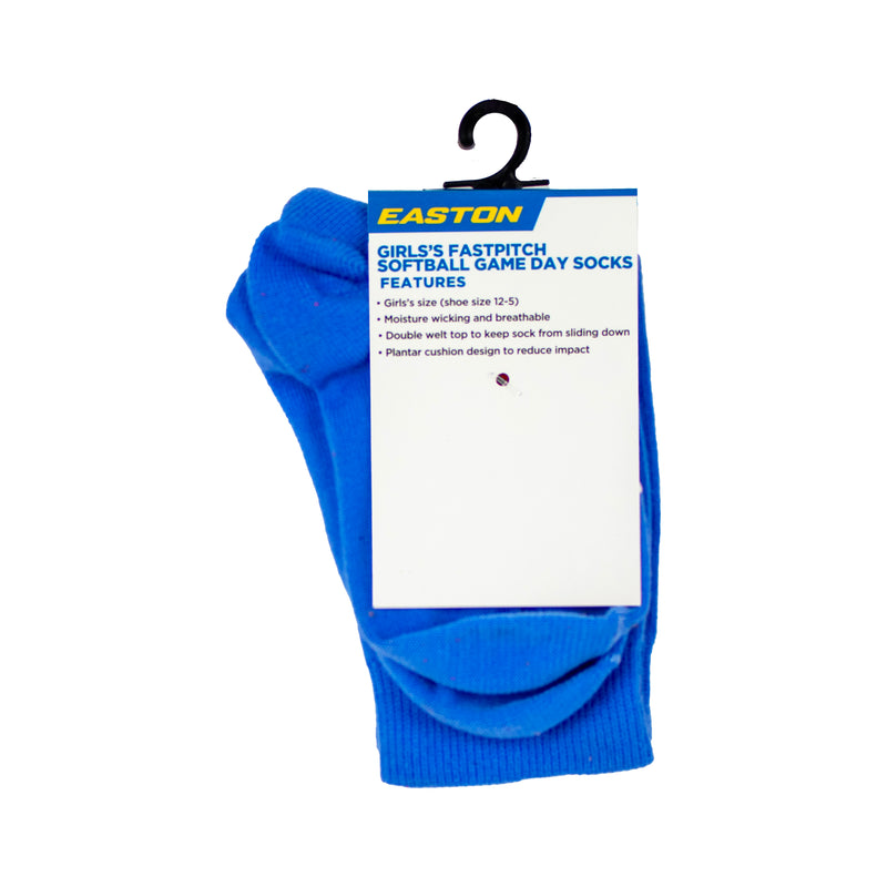 Easton girls’ fastpitch softball game day socks in blue with moisture-wicking fabric and cushioned support for comfort and performance on the field.