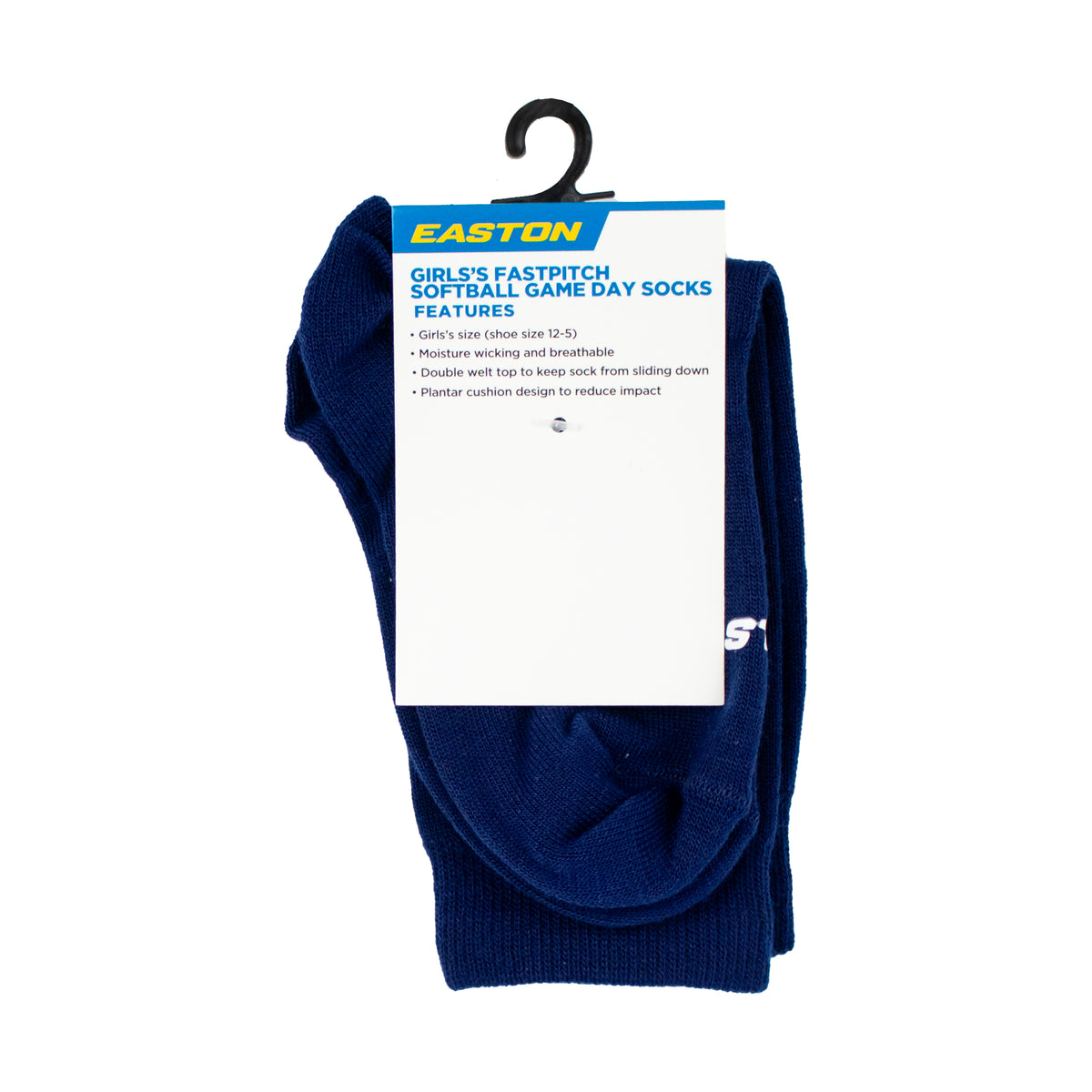 Easton girls’ fastpitch softball game day socks in navy with moisture-wicking fabric and cushioned support for comfort and performance on the field.