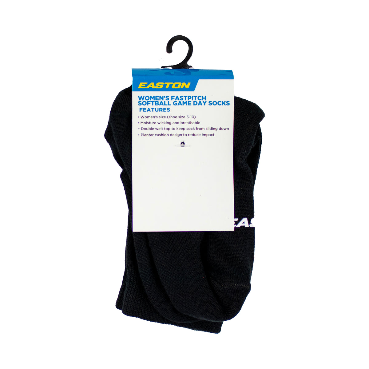 Easton women’s fastpitch softball game day socks in black with moisture-wicking fabric and cushioned support for comfort during play.