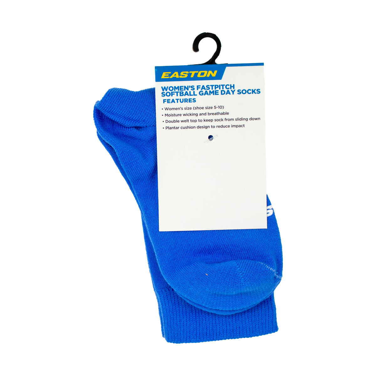 Easton women’s fastpitch softball game day socks in blue with moisture-wicking fabric and cushioned support for comfort during play.