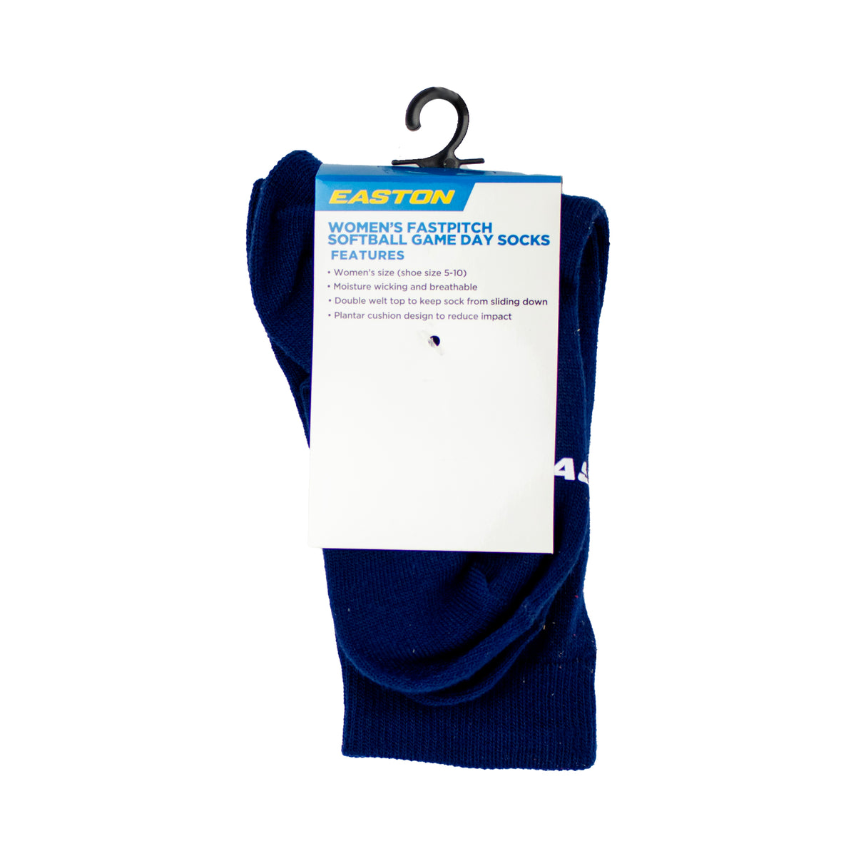 Easton women’s fastpitch softball game day socks in navy with moisture-wicking fabric and cushioned support for comfort during play.