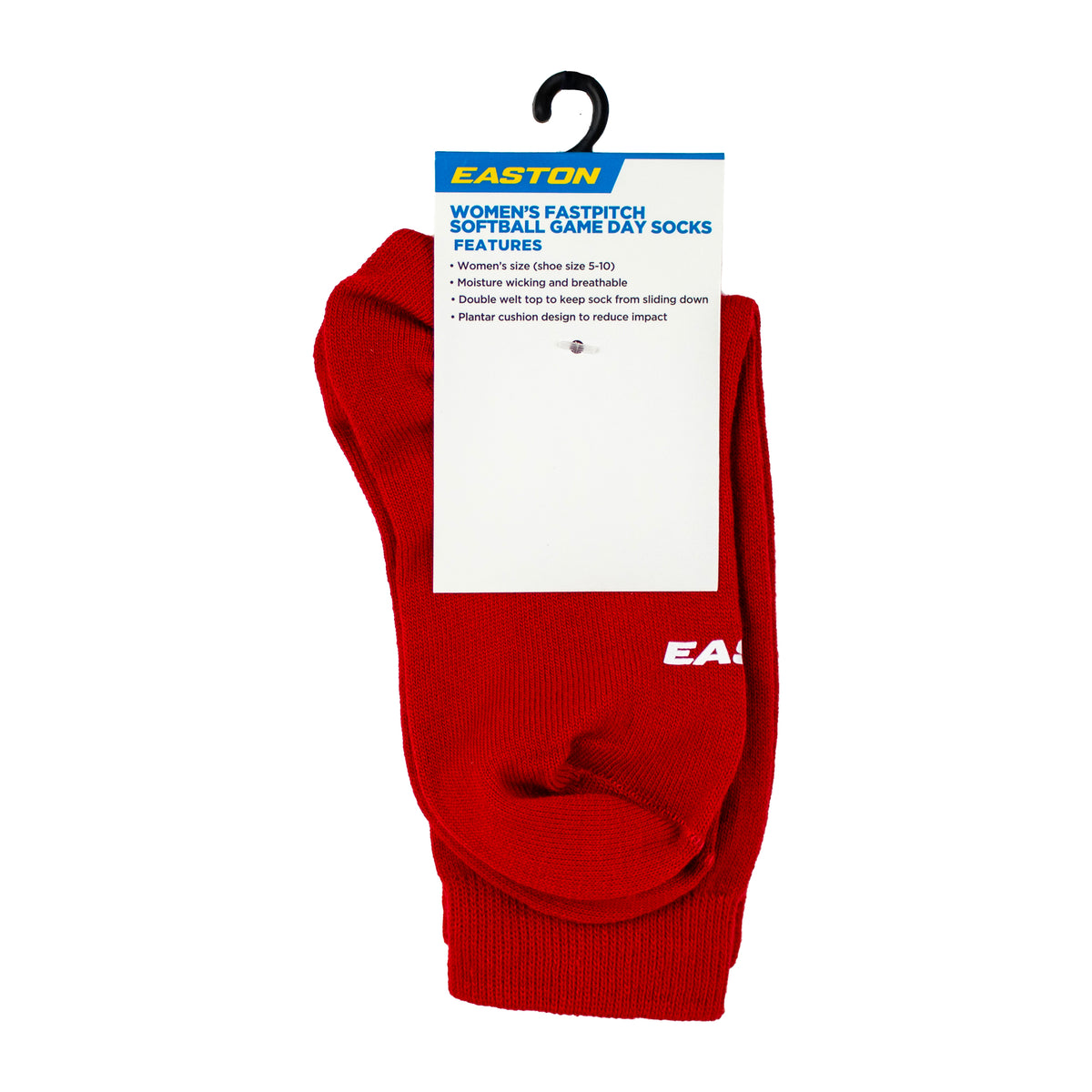 Easton women’s fastpitch softball game day socks in red with moisture-wicking fabric and cushioned support for comfort during play.