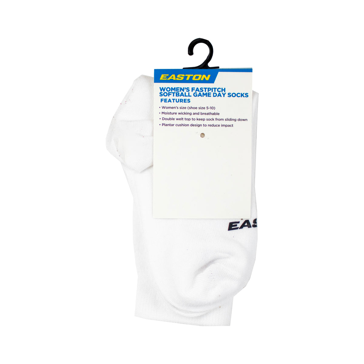 Easton women’s fastpitch softball game day socks in white with moisture-wicking fabric and cushioned support for comfort during play.
