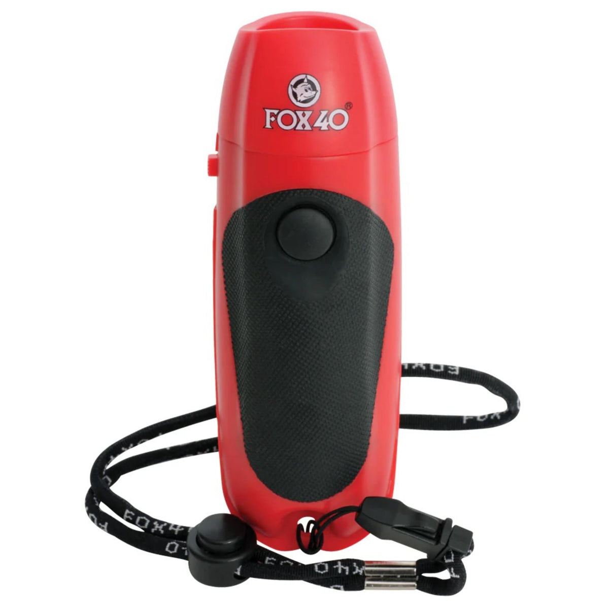 Electronic whistle device with push-button activation and attached lanyard, designed to produce multiple tones for sports or safety signaling.