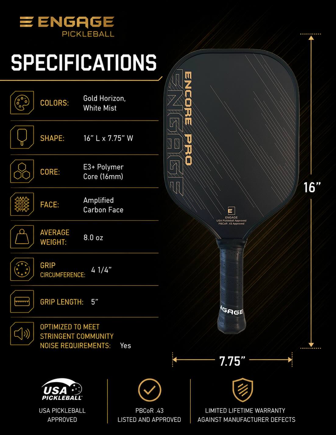 Engage Encore Pro 16mm Pickleball Paddle - specifications