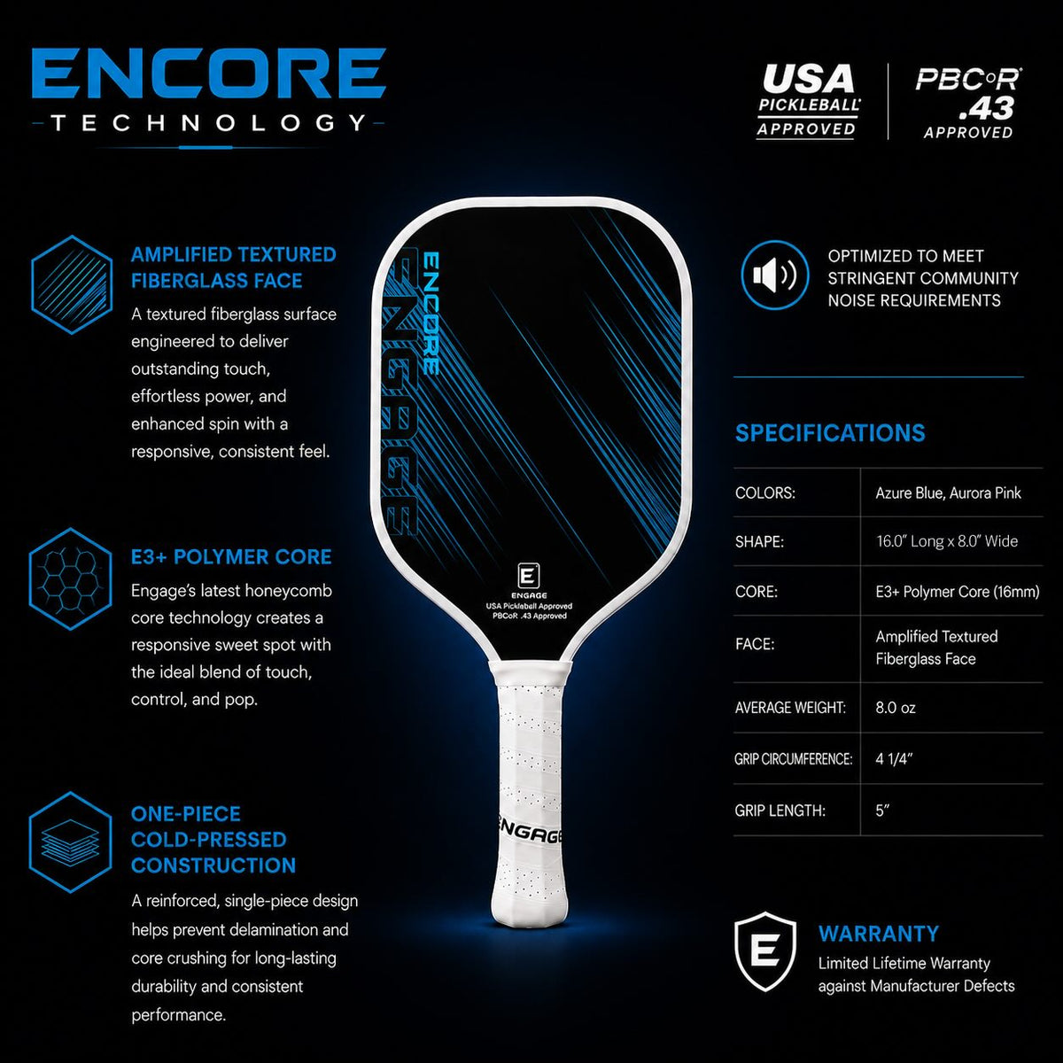 Engage Encore 16mm Pickleball Paddle - technology and specifications