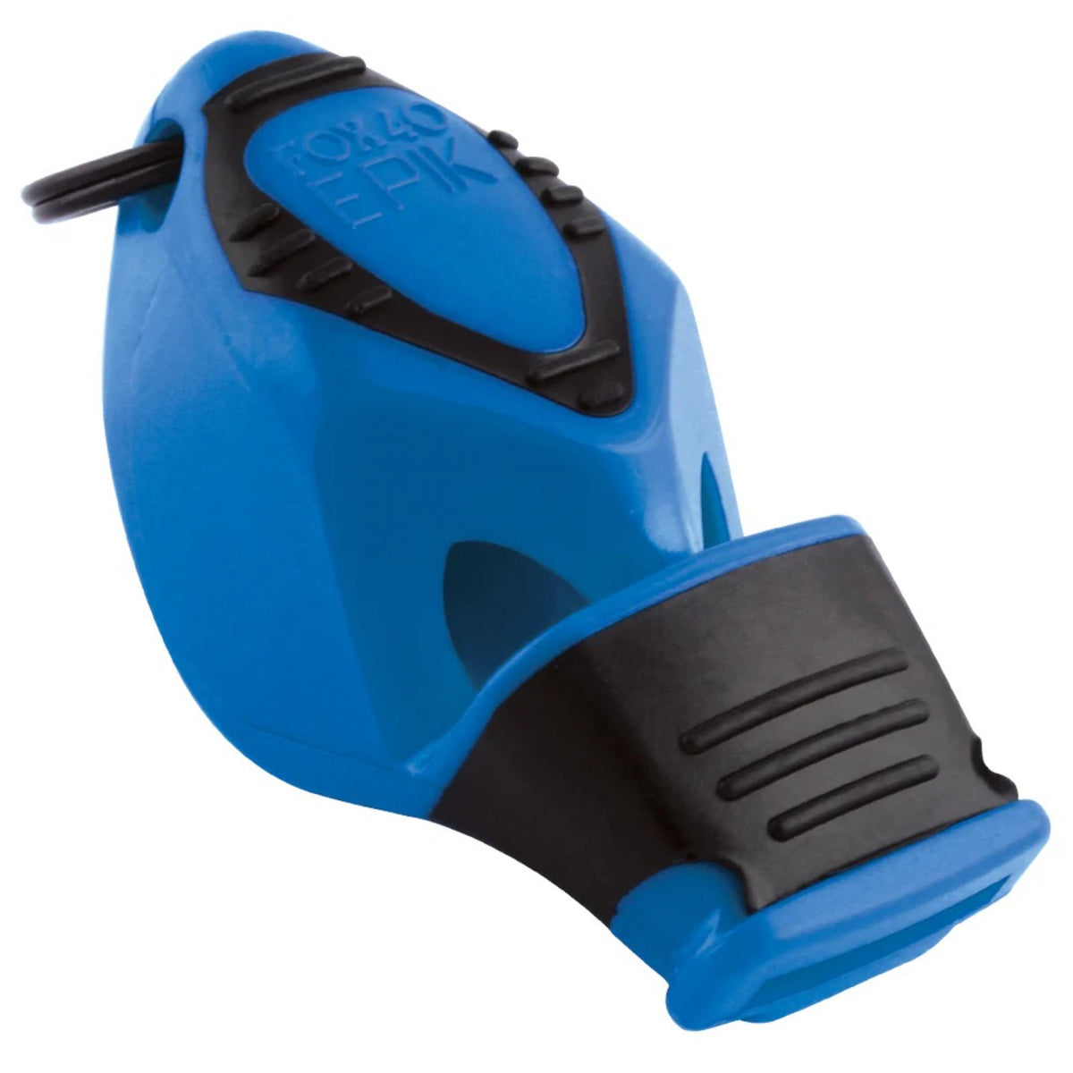 Handheld safety whistle with ergonomic grip, finger attachment loop, and cushioned mouthpiece designed for loud, reliable signaling.