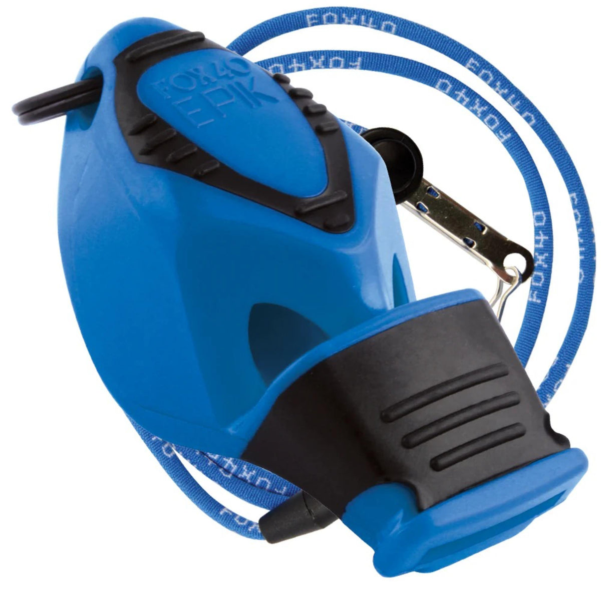 Handheld safety whistle with ergonomic grip, cushioned mouthpiece, and attached lanyard with breakaway clip for convenient wear and quick release.