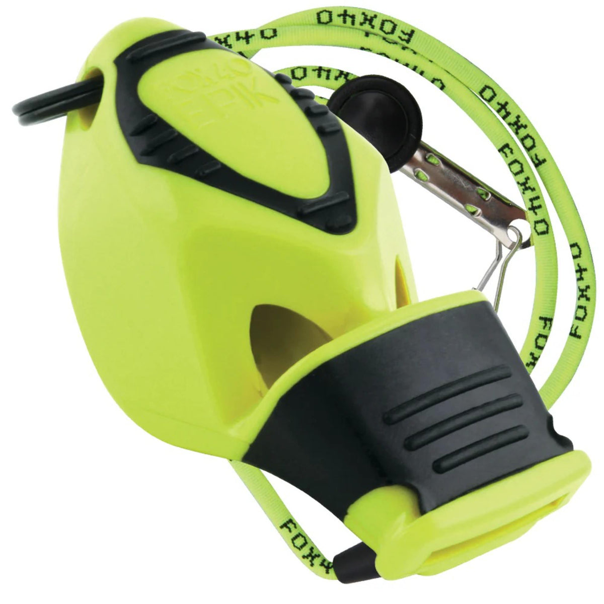 Handheld safety whistle with ergonomic grip, cushioned mouthpiece, and attached lanyard with breakaway clip for convenient wear and quick release.