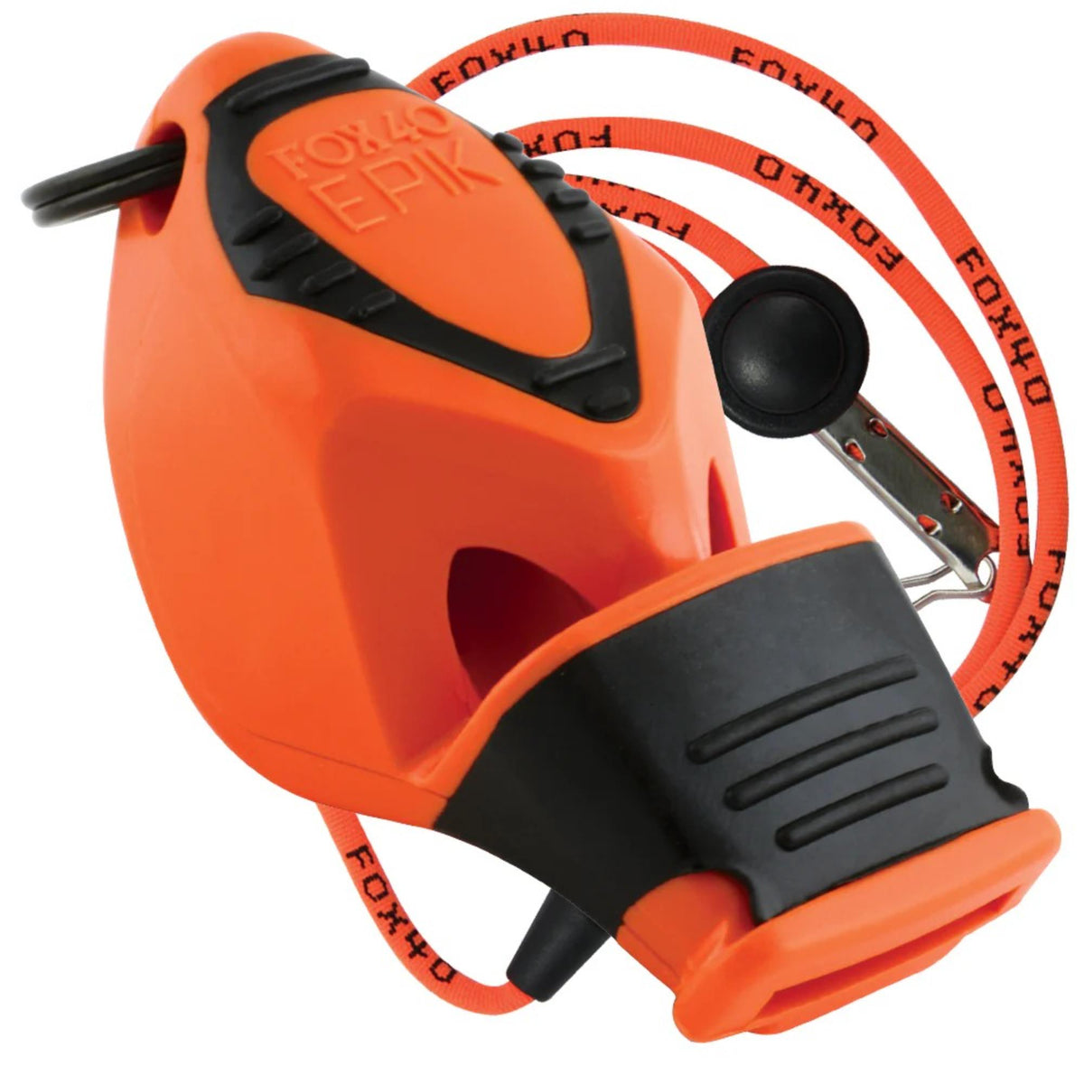 Handheld safety whistle with ergonomic grip, cushioned mouthpiece, and attached lanyard with breakaway clip for convenient wear and quick release.
