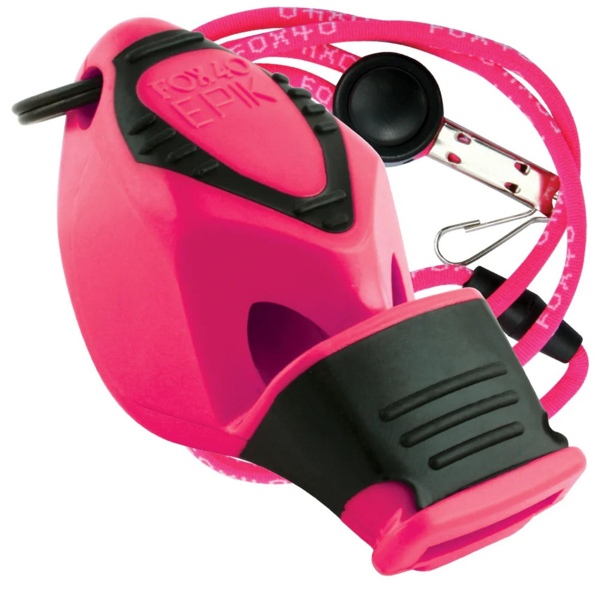 Handheld safety whistle with ergonomic grip, cushioned mouthpiece, and attached lanyard with breakaway clip for convenient wear and quick release.