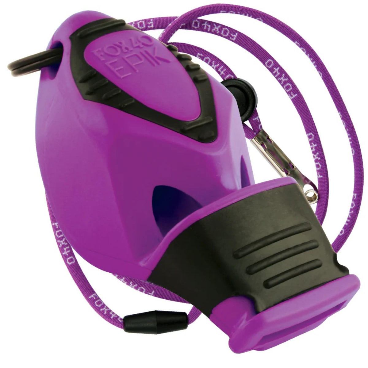 Handheld safety whistle with ergonomic grip, cushioned mouthpiece, and attached lanyard with breakaway clip for convenient wear and quick release.