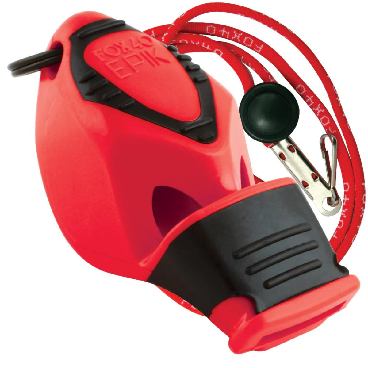 Handheld safety whistle with ergonomic grip, cushioned mouthpiece, and attached lanyard with breakaway clip for convenient wear and quick release.