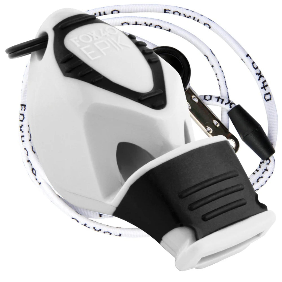 Handheld safety whistle with ergonomic grip, cushioned mouthpiece, and attached lanyard with breakaway clip for convenient wear and quick release.